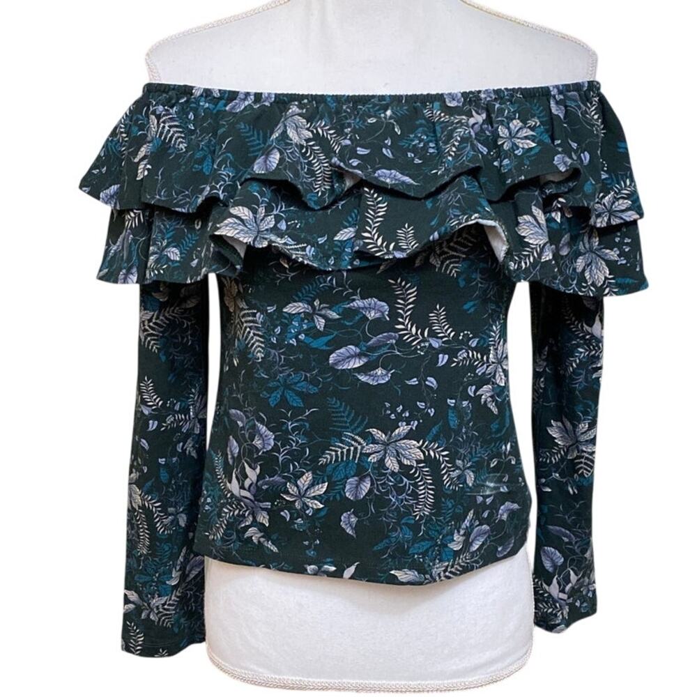 NWT off the shoulder ruffle neck long sleeve top Med Green Floral Forest Cottage
